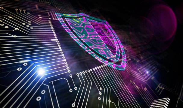 Cyber security. Digital shield, firewall and computer protection technology. Futuristic concept CPU production line abstract 3d rendering illustration. Processor factory with laser burning symbols. - Photo, Image