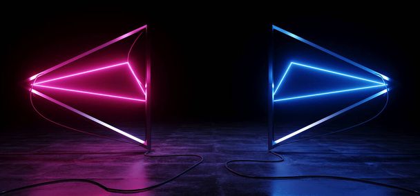 Siber Neon Bilim Kurgu Futuristik Piramit Şekli Açısal Oklar Parlayan Mor Beton Yansıtıcı Grunge Zemin Kara Gece Sanal Gerçeklik Lazerleri 3D Görüntü - Fotoğraf, Görsel