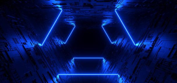 Neon Cyber Blue świecące wibrujące Sci Fi Futurystyczny korytarz Kosmiczny obcy statek Ciemna noc pusty trójkąt Schemat Płyta główna Tekstura Cyber Technologia 3D Rendering Ilustracja - Zdjęcie, obraz