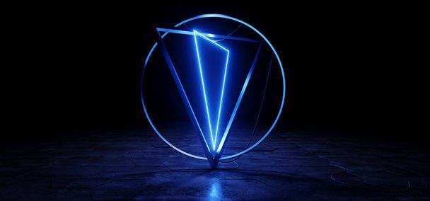 Cyber Neon Sci Fi Φουτουριστικό σχήμα πυραμίδας Καλώδια Κύκλος Γωνιακό λαμπερό μπλε σκυρόδεμα ανακλαστικό Grunge Πάτωμα Σκοτεινή νύχτα Cyberpunk Synth Εικονική Πραγματικότητα Laser 3D Αποτύπωση Εικονογράφηση - Φωτογραφία, εικόνα