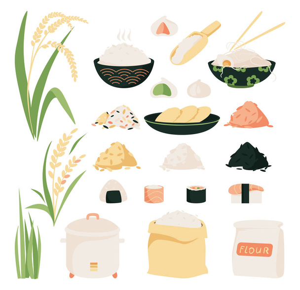 Set di icone vettoriali del riso. Raccolta di icone di prodotti di riso: tagliatelle, sushi, torta di riso mochi, farina
. - Vettoriali, immagini