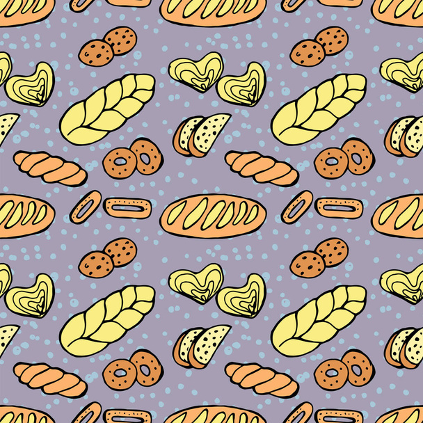 Bread and bakery products seamless pattern. Hand drawn color isolated vector illustration. Vector 10 EPS. - Vector, Imagen