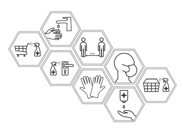 Una serie di icone sulla prevenzione del coronavirus durante lo shopping - l'uso di una maschera medica e guanti, lavarsi le mani, disinfezione di carri e cestini, mantenendo una distanza sociale. Illustrazione vettoriale
 - Vettoriali, immagini