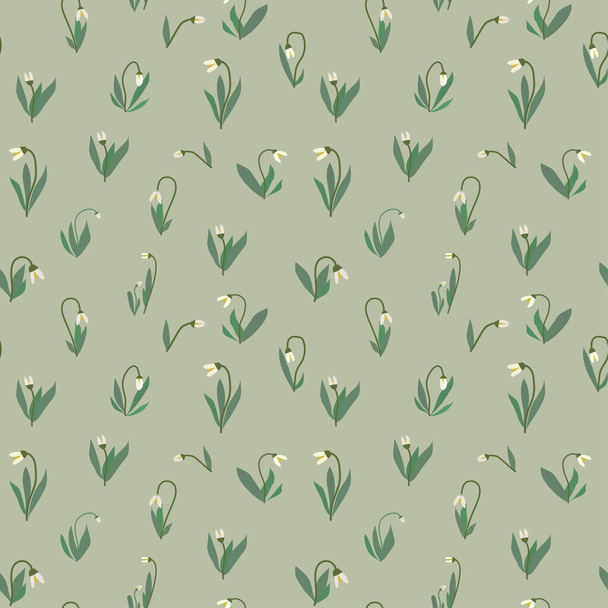 Hand drawn cartoon snowdrops, spring seamless pattern, green background - Вектор,изображение