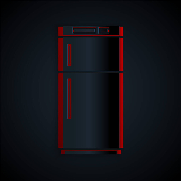 Icono del refrigerador de corte de papel aislado sobre fondo negro. Refrigerador congelador refrigerador. Tecnología y electrodomésticos. Estilo de arte de papel. Ilustración vectorial
 - Vector, Imagen