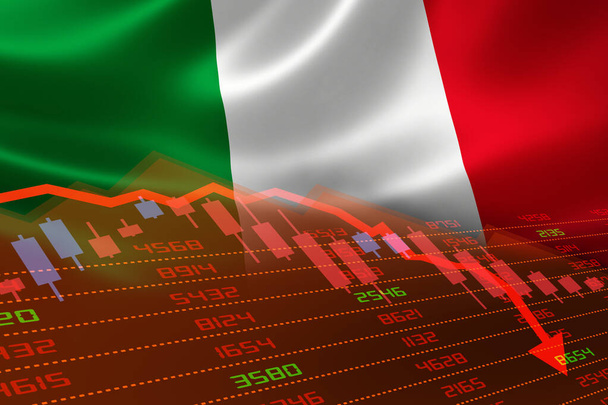 Olaszország gazdasági visszaesése, a tőzsdei piac a tőzsdei diagramot lefelé és a vörös negatív területen mutatja. Üzleti és pénzügyi pénzpiaci válság koncepciója. - Fotó, kép