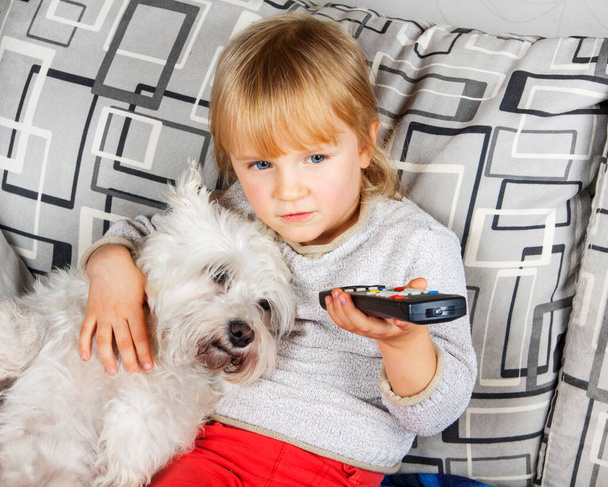 Young blond girl watching TV on the sofa with white schnauzer dog puppy. Kids in isolation, quarantine. - Foto, imagen