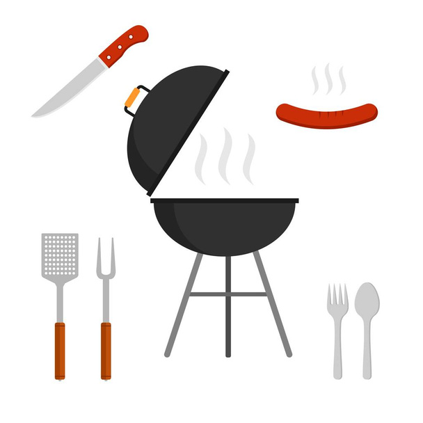 BBQ grill set icons isolated on white background. Picnic camping cooking, barbecue vector illustration icon flat style. - Vector, Image