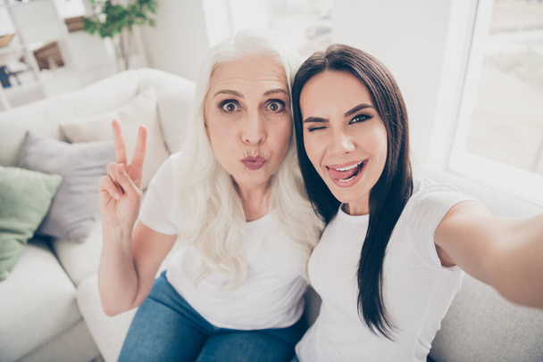Self-portrait of two nice attractive lovely cute charming positive cheerful cheery women spending free time day good mood showing v-sign having fun in white light interior house flat apartment - Foto, Bild