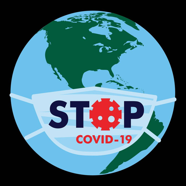 medisch beschermend masker met de tekst Stop Coranovirus Covid gedragen op een wereldbol met een kaart van Amerika Vector, illustratie, isoleren, op een zwarte achtergrond - Foto, afbeelding