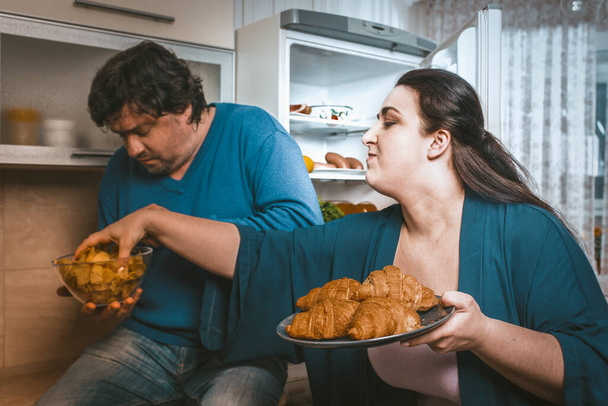 Body Positive Couple Overeating Of Unhealthy Food - Photo, Image