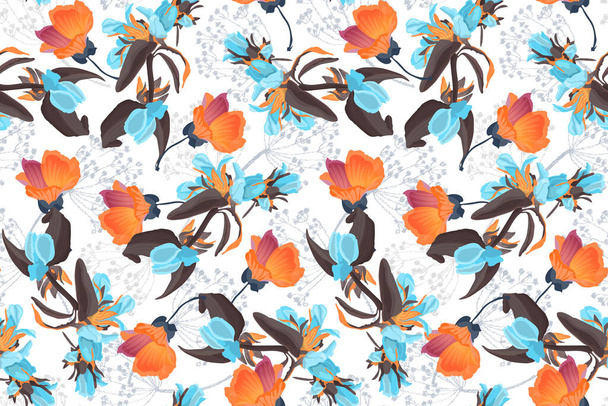 Art floral vector seamless pattern. Flowers background. Orange and blue painting flowers isolated on white. - Vector, afbeelding