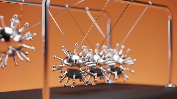 Illustration 3D du berceau d'un Newton, sphères de virus en métal chromé avec réflexions dans le mouvement de collision Concept, Vue rapprochée, fond orange
 - Photo, image
