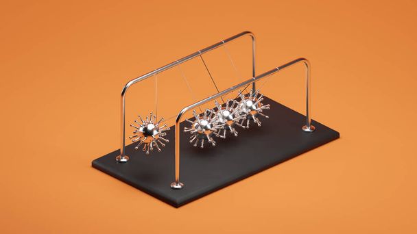 3D-Illustration der Wiege eines Newton, Chrommetall-Viren-Kugeln mit Reflexionen im kollidierenden Bewegungskonzept, Isometrische Ansicht, orangefarbener Hintergrund - Foto, Bild