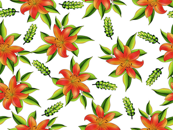όμορφο λουλούδι κρίνο με φύλλα κλαδιά αδιάλειπτη μοτίβο - Φωτογραφία, εικόνα