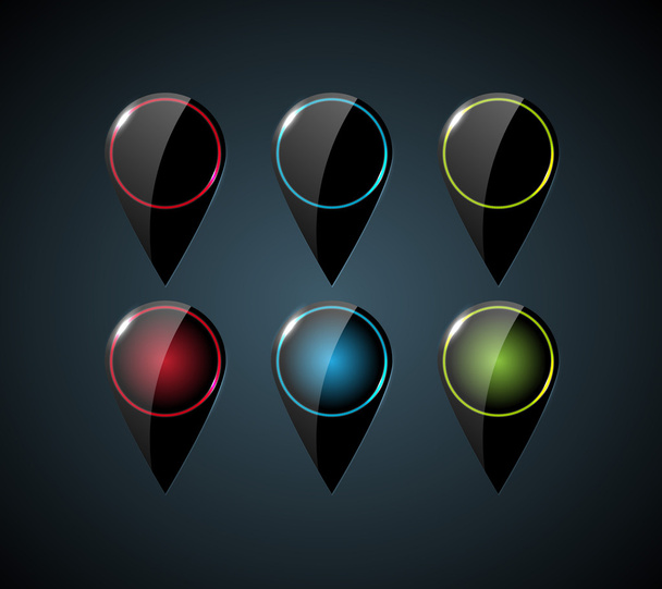 Vector collection of black glossy map pins with glowing elements - Vector, afbeelding