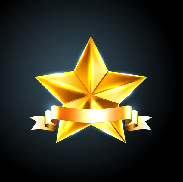 Vector shiny beveled golden star with golden ribbon - Vecteur, image