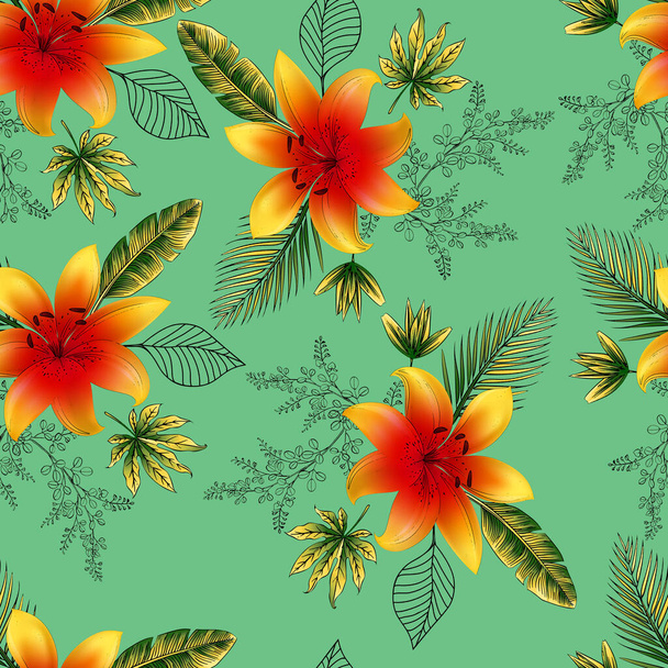 beautiful flower and branches with leaf seamless pattern - Photo, Image