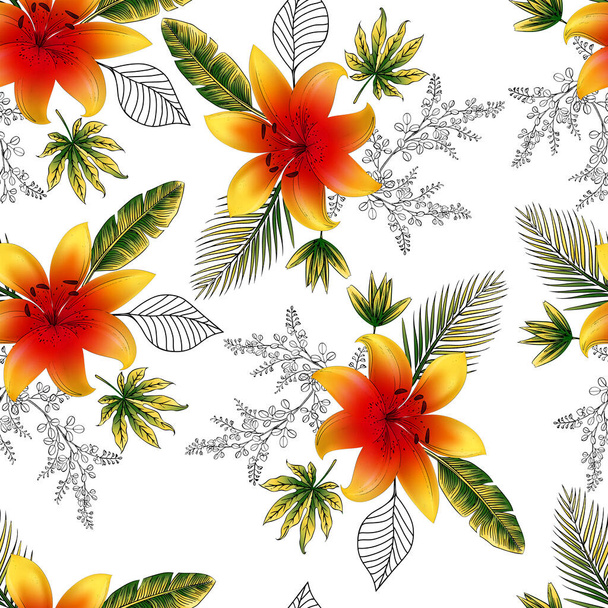 beautiful flower and branches with leaf seamless pattern - 写真・画像