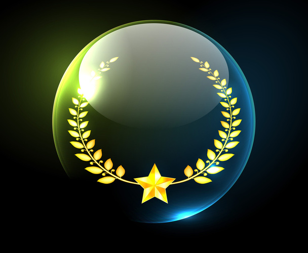 Grinalda de loureiro dourado vetorial com uma estrela dentro de uma bola de vidro brilhante
 - Vetor, Imagem