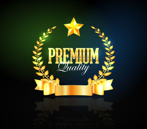 Corona de laurel dorado Vector "Calidad Premium" con una estrella y cinta
 - Vector, imagen