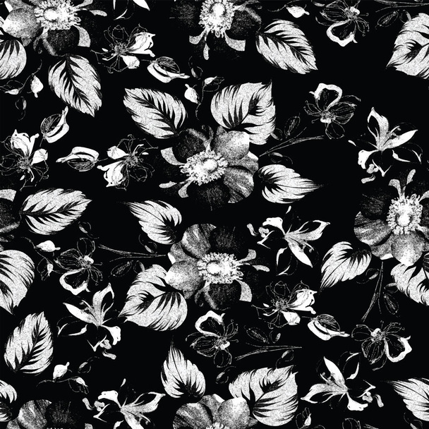 beautiful flower seamless pattern with branches and leaves black and white - Photo, Image