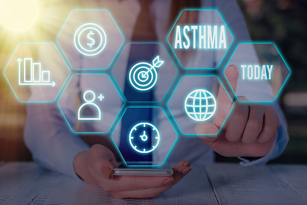Szöveg jel mutatja az asztma. Fogalmi fénykép légzőszervi feltétel görcsök a hörgők, a tüdő által jelzett. - Fotó, kép