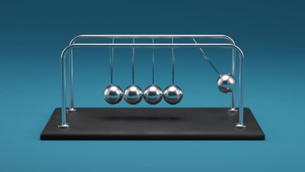 Animación 4K de la cuna de Newton, Esferas de metal cromado con reflejos en el concepto de movimiento colisionante, sin fricción y pérdida de energía, en bucle, Vista frontal, fondo azul
 - Imágenes, Vídeo