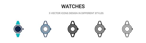 Sleduje ikonu ve vyplněném, tenkém řádku, obrysu a stylu tahu. Vektorové ilustrace dvou barevných a černých hodinek vektorové ikony designu lze použít pro mobilní, ui, web - Vektor, obrázek