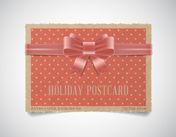 Vector vintage dotted paper card template with a pink silky ribbon bow knot - Vector, imagen