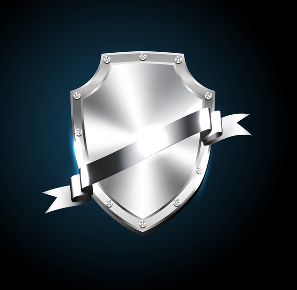 Vector brushed silver steel shiny shield with silver ribbon - Вектор, зображення