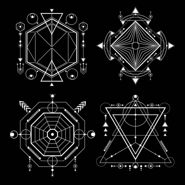 Conjunto vectorial de cuatro fondos oscuros con símbolos geométricos. Signos místicos sagrados dibujados en líneas. Ilustración en colores blancos. Para usted diseño y arte mágico
. - Vector, imagen