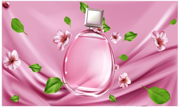 maqueta de ilustración de perfume femenino sobre fondo de textura de seda
 - Vector, Imagen