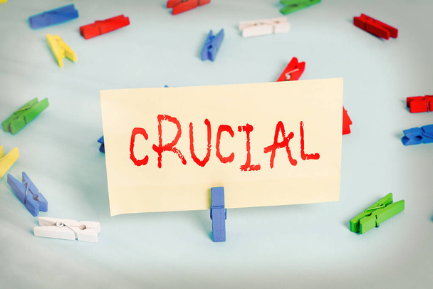 Conceptual hand writing showing Crucial. Business photo showcasing critical especially in the success or failure of something Colored clothespin paper empty reminder blue floor officepin. - Photo, Image