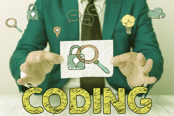 Handschrift tekst Codering. Concept dat betekent dat code wordt toegekend aan iets voor classificatie-identificatie. - Foto, afbeelding