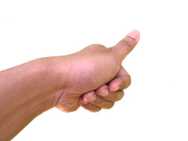 Χειρονομίες χεριών, αντίχειρες πάνω ή αντίχειρες πιέζουν κάτι, απομονώνονται σε λευκό φόντο - Φωτογραφία, εικόνα