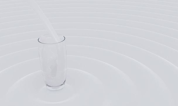 versando latte bianco a vetro trasparente su onda circolare di latte. Latte fresco per il concetto di bevanda. Rendering 3D
. - Foto, immagini