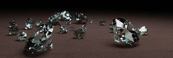 暗い灰色の表面に多くのサイズのダイヤモンドを3Dレンダリング - 写真・画像