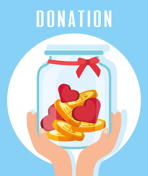 charity donation hands lifting jar with hearts and coins - Vector, Image
