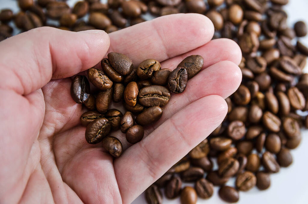 coffee beans on a palm on the background of coffee beans. View from above. Close-up. - Photo, Image