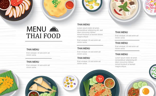 thai food menu restaurant on a white wooden table top template background. Use for poster, print, flyer, brochure. - Vector, Image