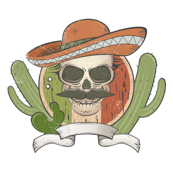 Vintage Mexicaanse schedel met sombrero en snor - Vector, afbeelding