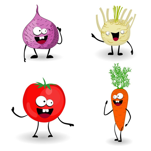 Beterraba, cenoura, tomate. Personagens vegetais. Alimentos saudáveis. Comida em um fundo branco Vegetarianismo
 - Vetor, Imagem