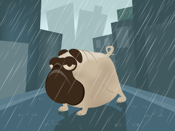 Pug de dibujos animados en un día lluvioso
 - Vector, imagen