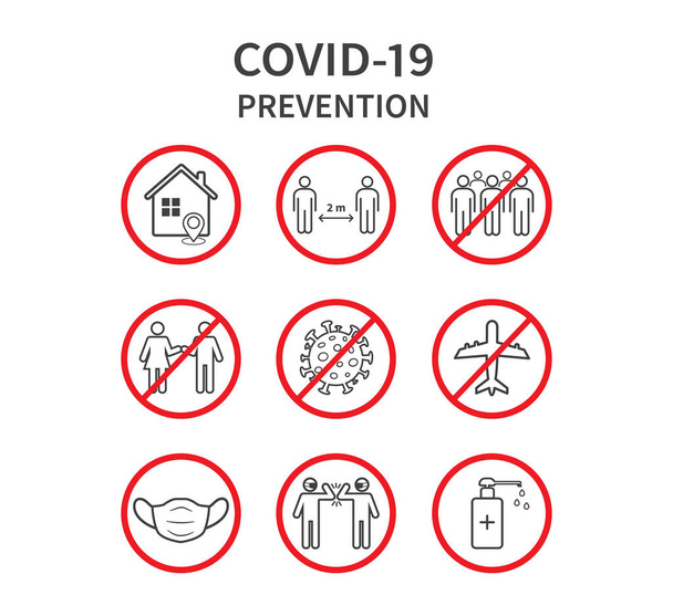 Coronavirus COVID-19 Präventionskonzept. Flache Symbole gesetzt. Soziale Distanzierung, Zuhause bleiben, Menschenansammlungen meiden, Hände waschen. Vektorillustration - Vektor, Bild