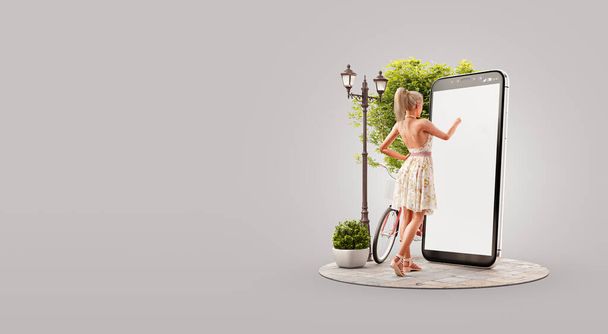 Pretty woman in summer dress standing in front of smartphone and touching smart phone screen. Smartphone apps concept. Unusual 3d illustration - Fotoğraf, Görsel