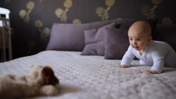 Ребенок учится ползать к мягкой игрушке на кровати
 - Кадры, видео