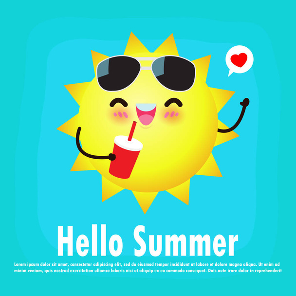 Olá verão bonito o cartaz do sol. modelo de design de festa de verão isolado no fundo para cartão, cartaz, banner, web design, brochura, seu texto, Engraçado personagem de desenho animado Vector Ilustração
 - Vetor, Imagem