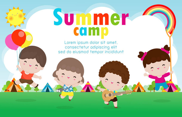 kids summer camp background education Template for advertising brochure or poster, happy children doing activities on camping, poster flyer template, your text ,Vector Illustration  - Vector, Image