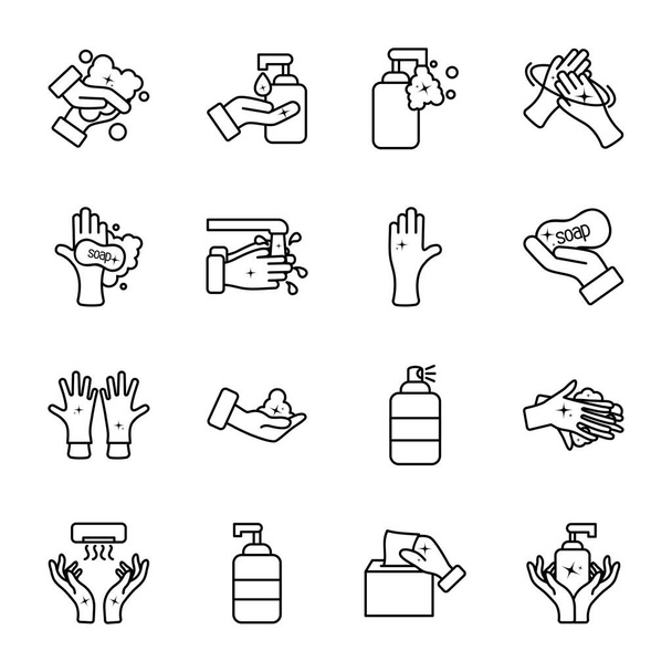 antibacterial bottles and hand hygiene icon set, line style - Vector, Image